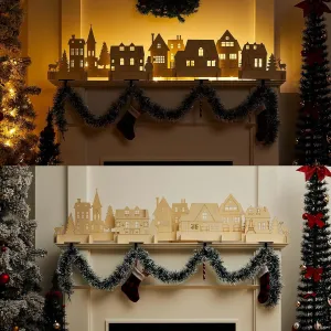 8 Pcs Wood Village Houses Set 11.8 x 70 Inches Light up Christmas Village With DIY Ornament Kits for Farmhouse Home Fireplace Tabletop, Not Include Batteries