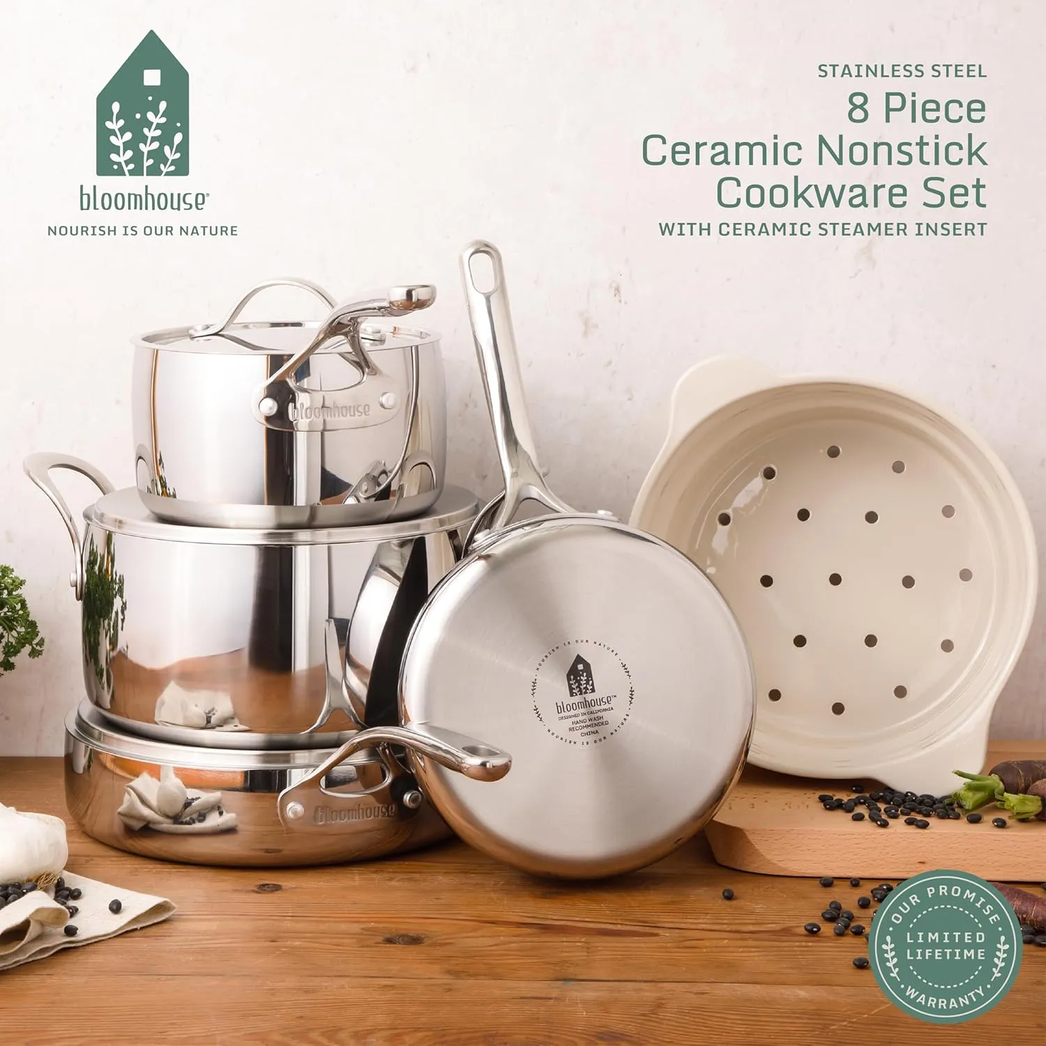 8 Piece Triply Stainless Steel Pots and Pans Cookware Set W/Sage Green Non Toxic Pro Ceramic Non Stick Interior