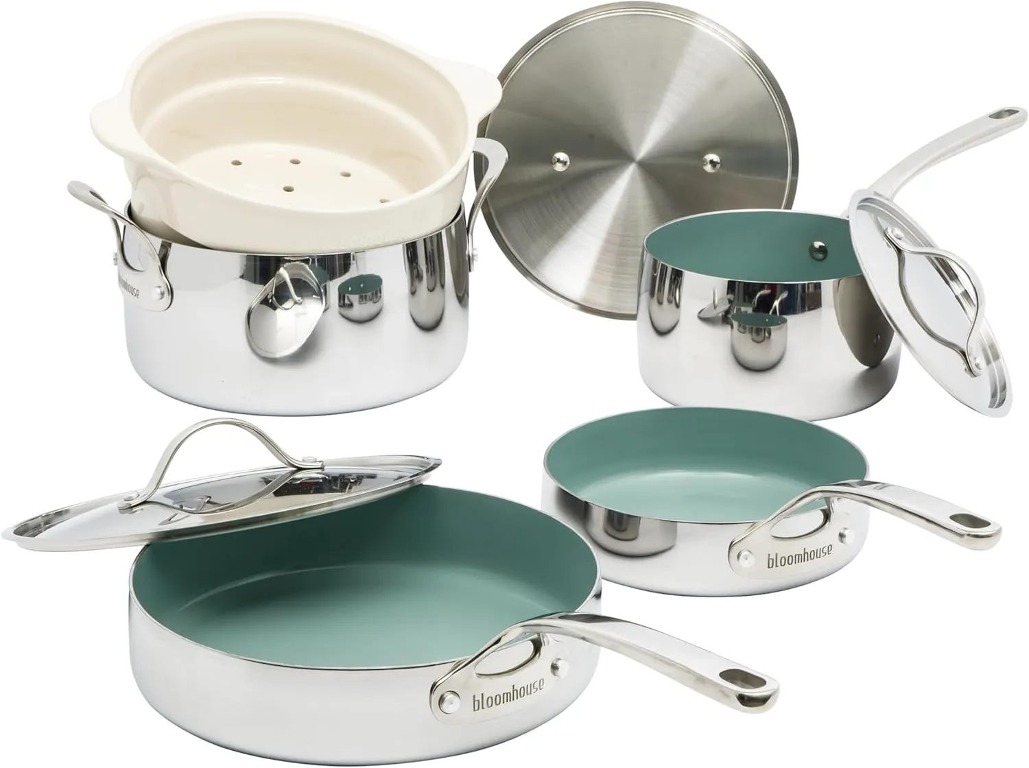 8 Piece Triply Stainless Steel Pots and Pans Cookware Set W/Sage Green Non Toxic Pro Ceramic Non Stick Interior