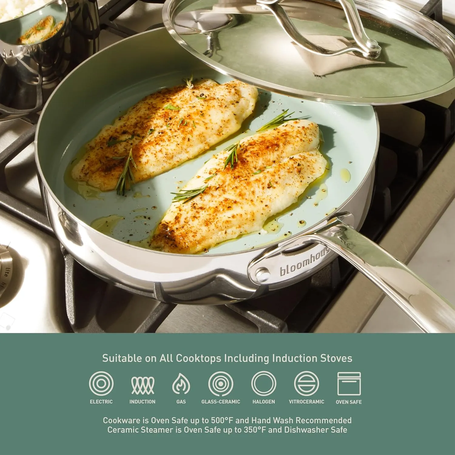 8 Piece Triply Stainless Steel Pots and Pans Cookware Set W/Sage Green Non Toxic Pro Ceramic Non Stick Interior