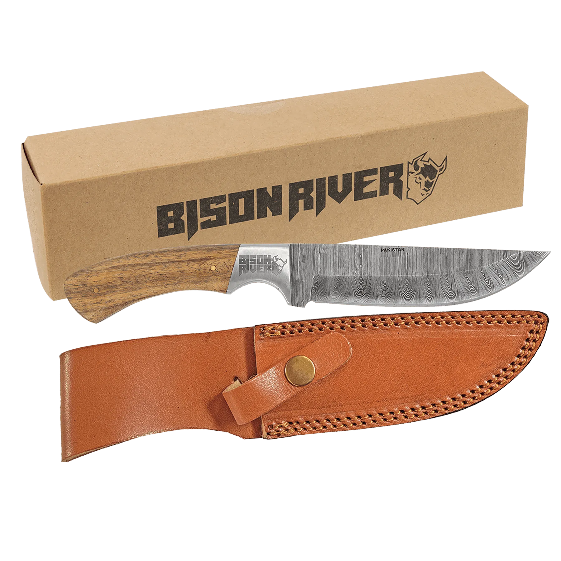 9 1/2" Fixed Blade Wood Knife with Damascus Steel Blade and Leather Sheath