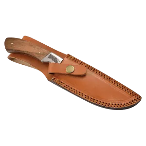 9 1/2" Fixed Blade Wood Knife with Damascus Steel Blade and Leather Sheath