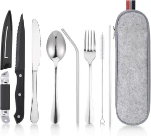 9-Piece Portable Stainless Steel Travel Cutlery Set with Case, Perfect for Camping, Hiking, Picnics and More