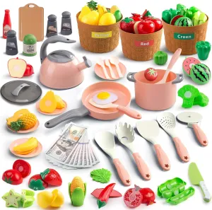 90Pcs Kitchen Playset Accessories, Pretend Cooking with Pots, Pans, Cookware, Food, Fruit, Veges, Color Sorting Baskets, Prop Money, Learning Gift for Girls Boys Toddlers (Pink)