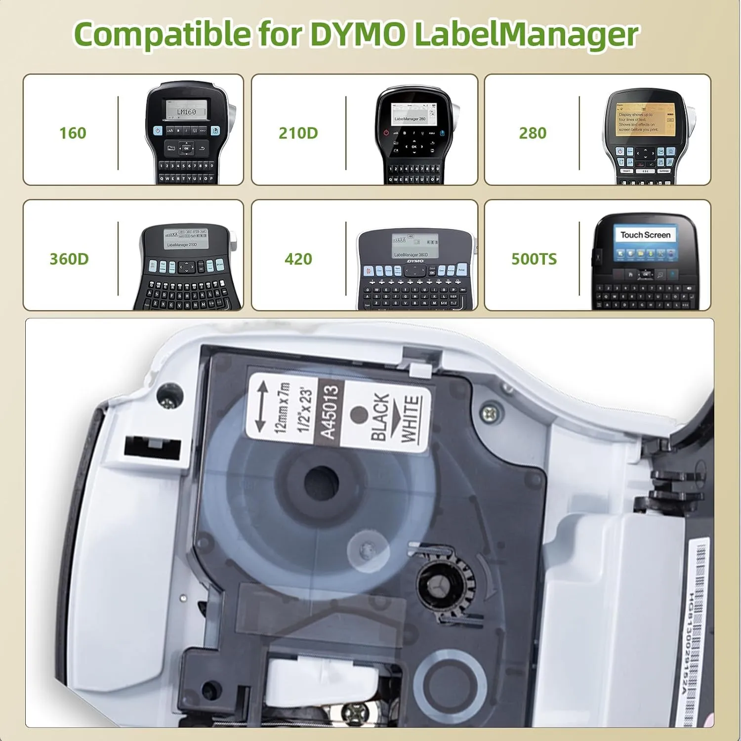 A45013 D1 Label Tape S0720530 Replace for Dymo Label Maker Refills d1 45013, 1/2 in x 23 Ft Black on White Compatible with DYMO LabelManager 160 210D 260P 280 360D 450D, 4-Pack