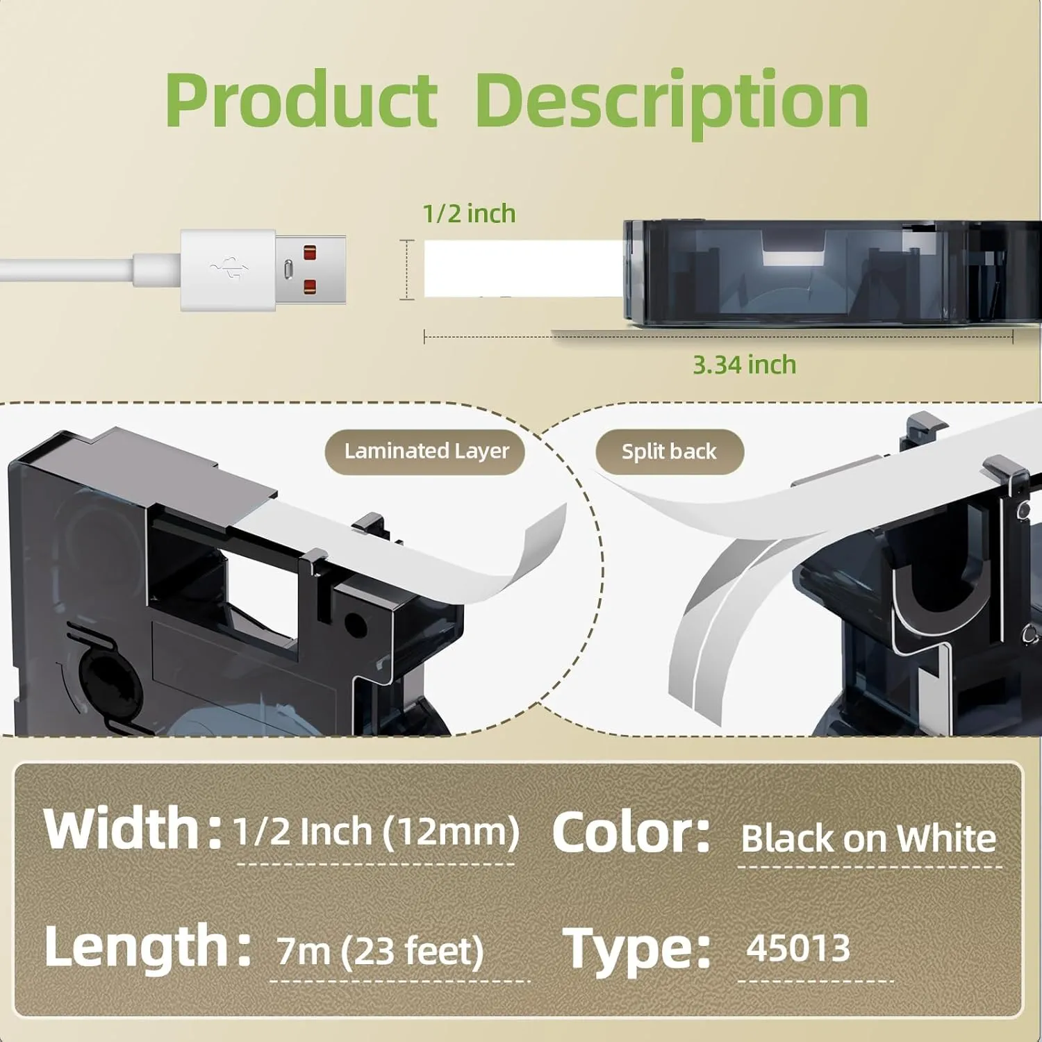 A45013 D1 Label Tape S0720530 Replace for Dymo Label Maker Refills d1 45013, 1/2 in x 23 Ft Black on White Compatible with DYMO LabelManager 160 210D 260P 280 360D 450D, 4-Pack