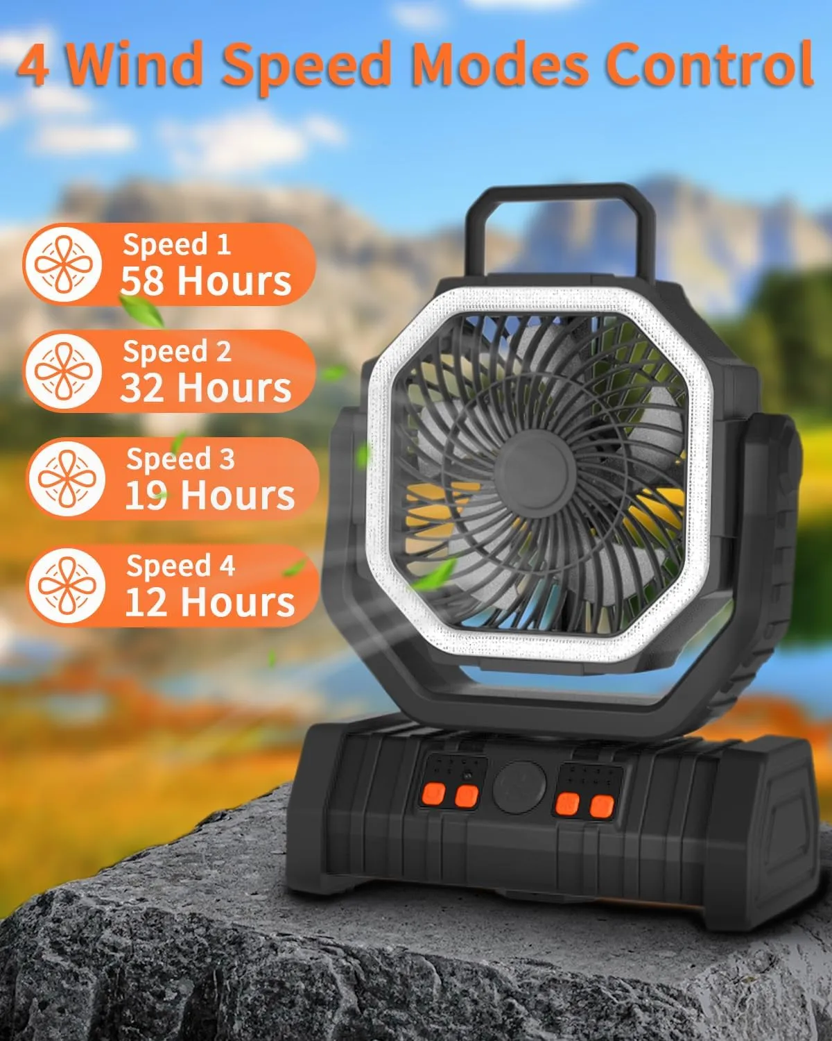 ADUST Portable Camping Fan Battery Powered Operated with LED Light 20000mAh Rechargeable Oscillating Fan with 360° Rotation Hanging Hook for Tents, USB Desk Fan for Bedroom, Office (Black)