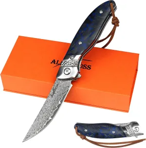ALBATROSS Premium Damascus Folding Pocket Knife - EDC with Blue Fluorescent Carbon Handle, Ball Bearing Assisted Opening, Liner Lock for Camping, Hunting - HGDK028-BE