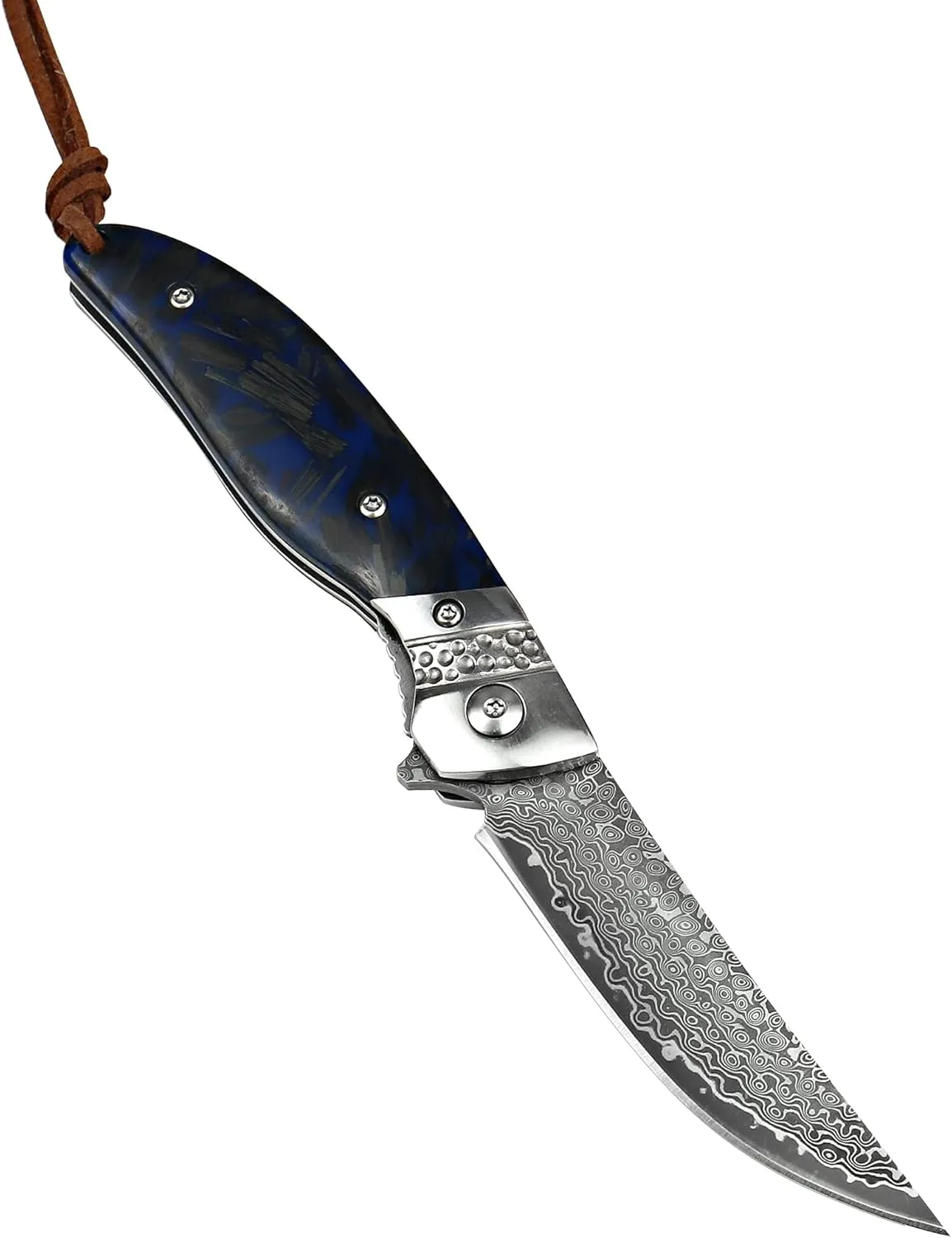 ALBATROSS Premium Damascus Folding Pocket Knife - EDC with Blue Fluorescent Carbon Handle, Ball Bearing Assisted Opening, Liner Lock for Camping, Hunting - HGDK028-BE