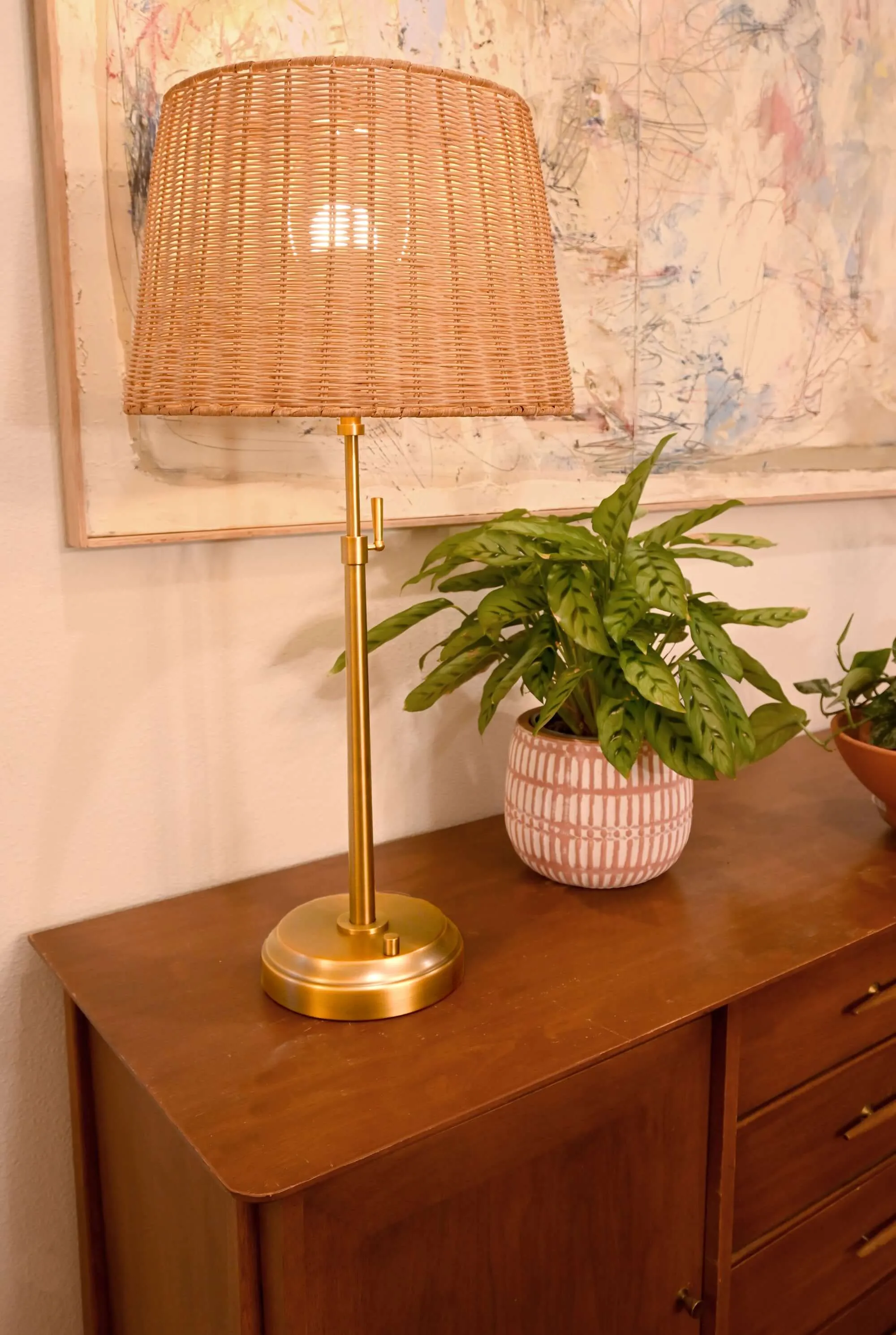 Alexis Cordless Table Lamp - Antique Brass with Rattan Shade