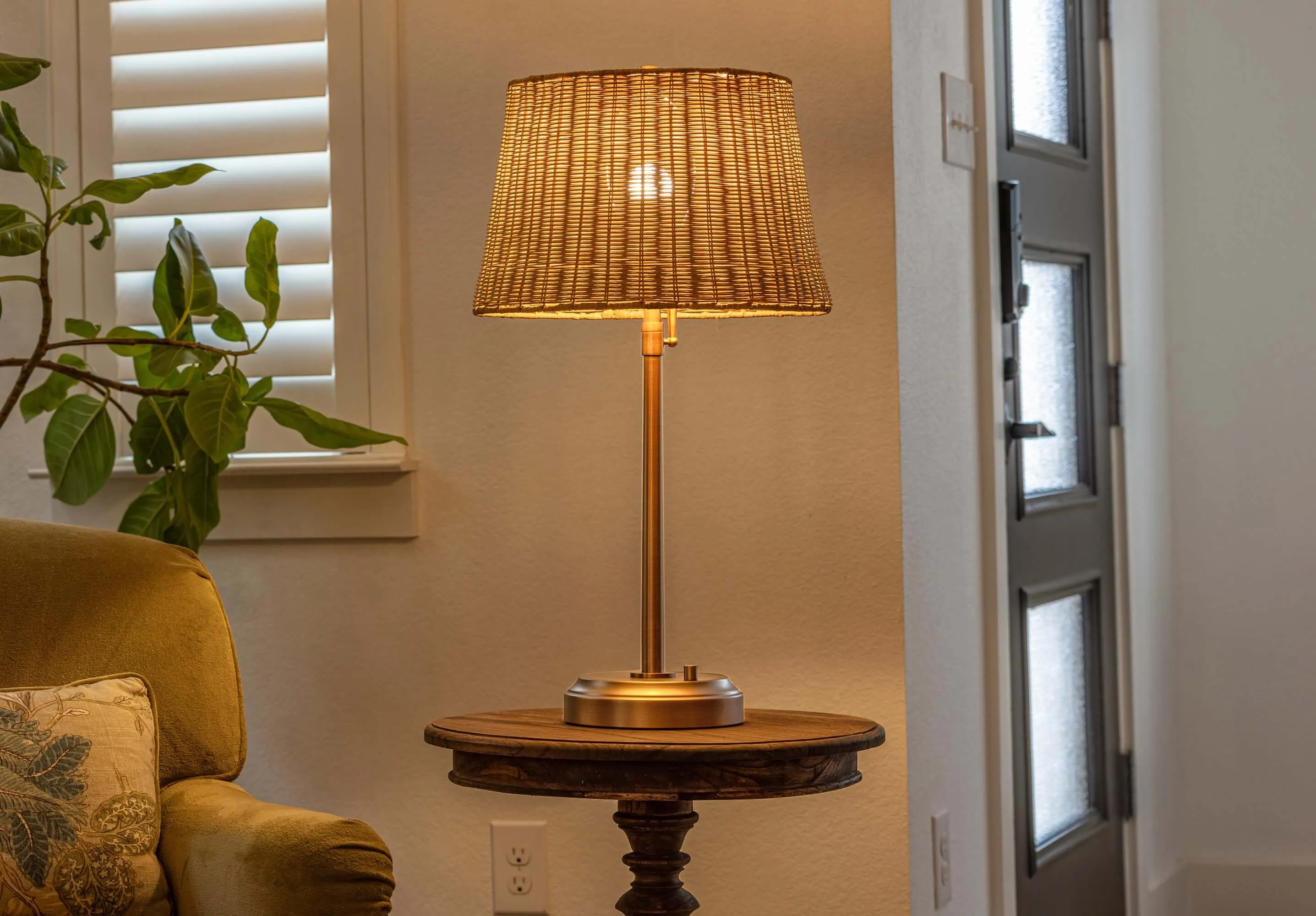 Alexis Cordless Table Lamp - Antique Brass with Rattan Shade