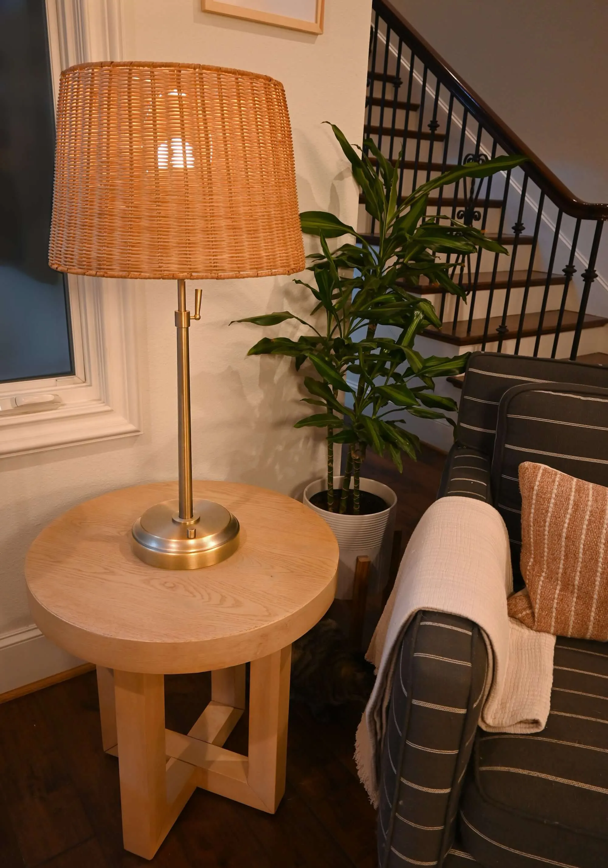 Alexis Cordless Table Lamp - Antique Brass with Rattan Shade