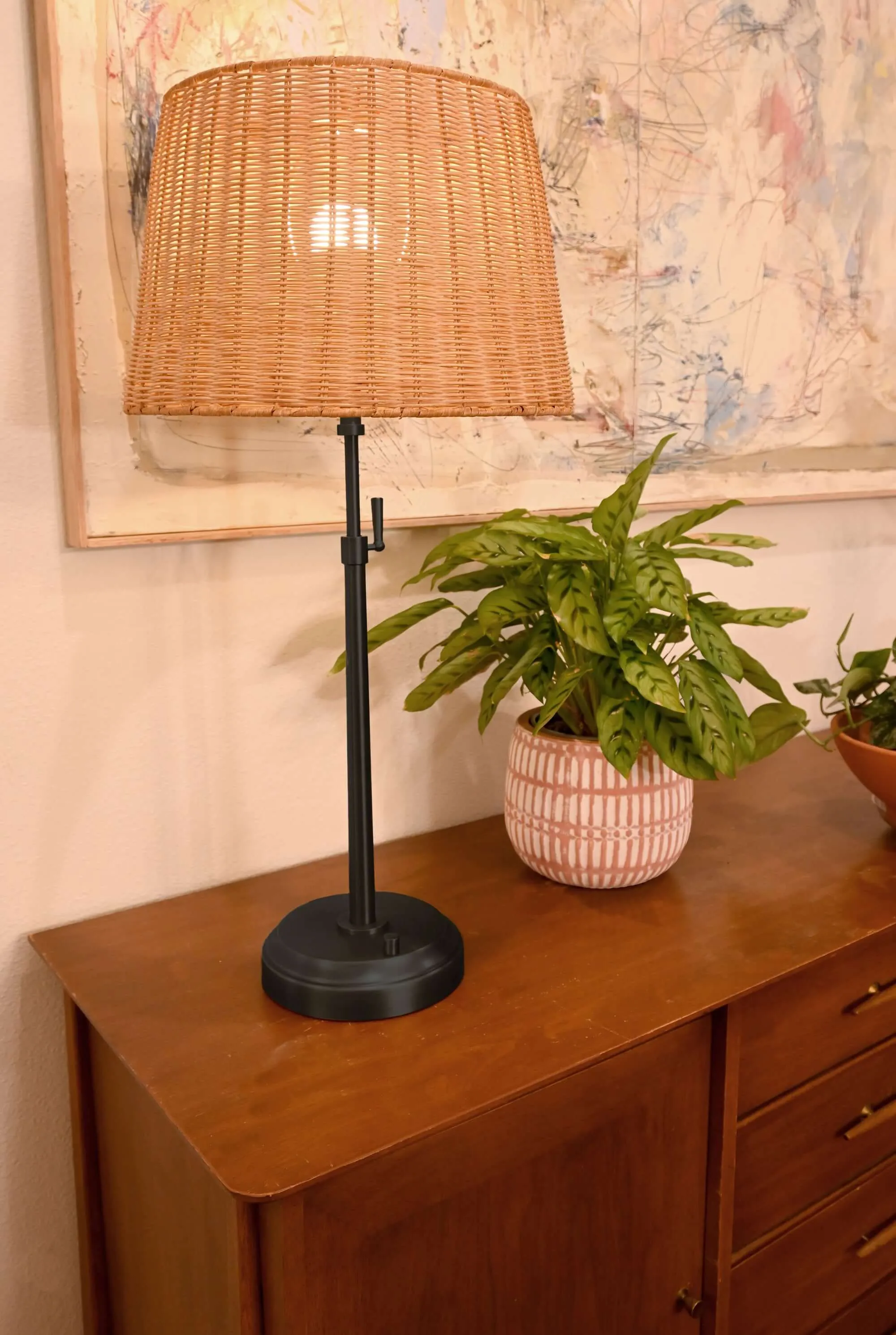 Alexis Cordless Table Lamp - Black with Rattan Shade