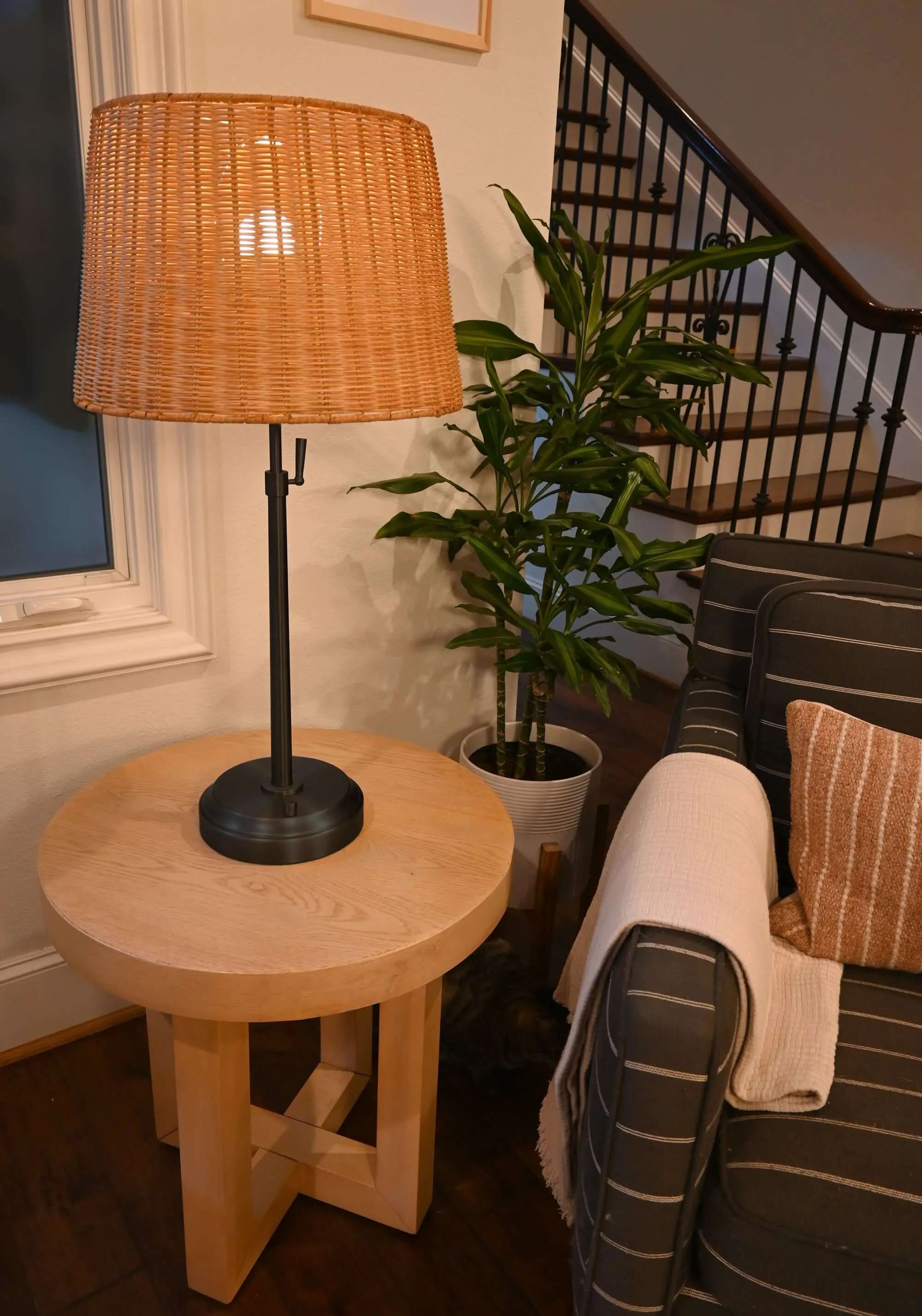 Alexis Cordless Table Lamp - Black with Rattan Shade