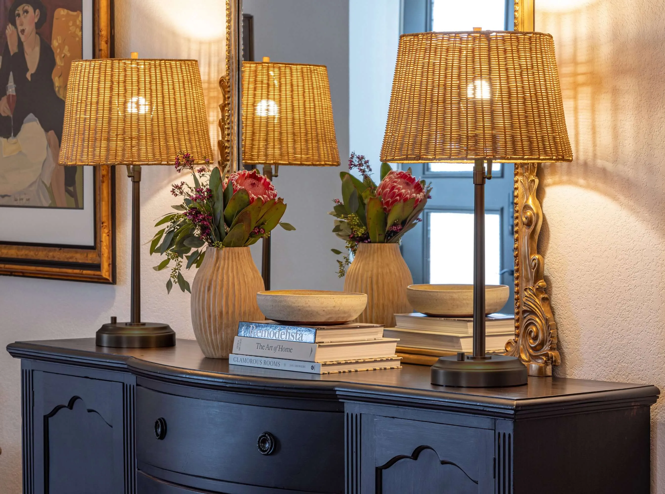 Alexis Cordless Table Lamp - Black with Rattan Shade