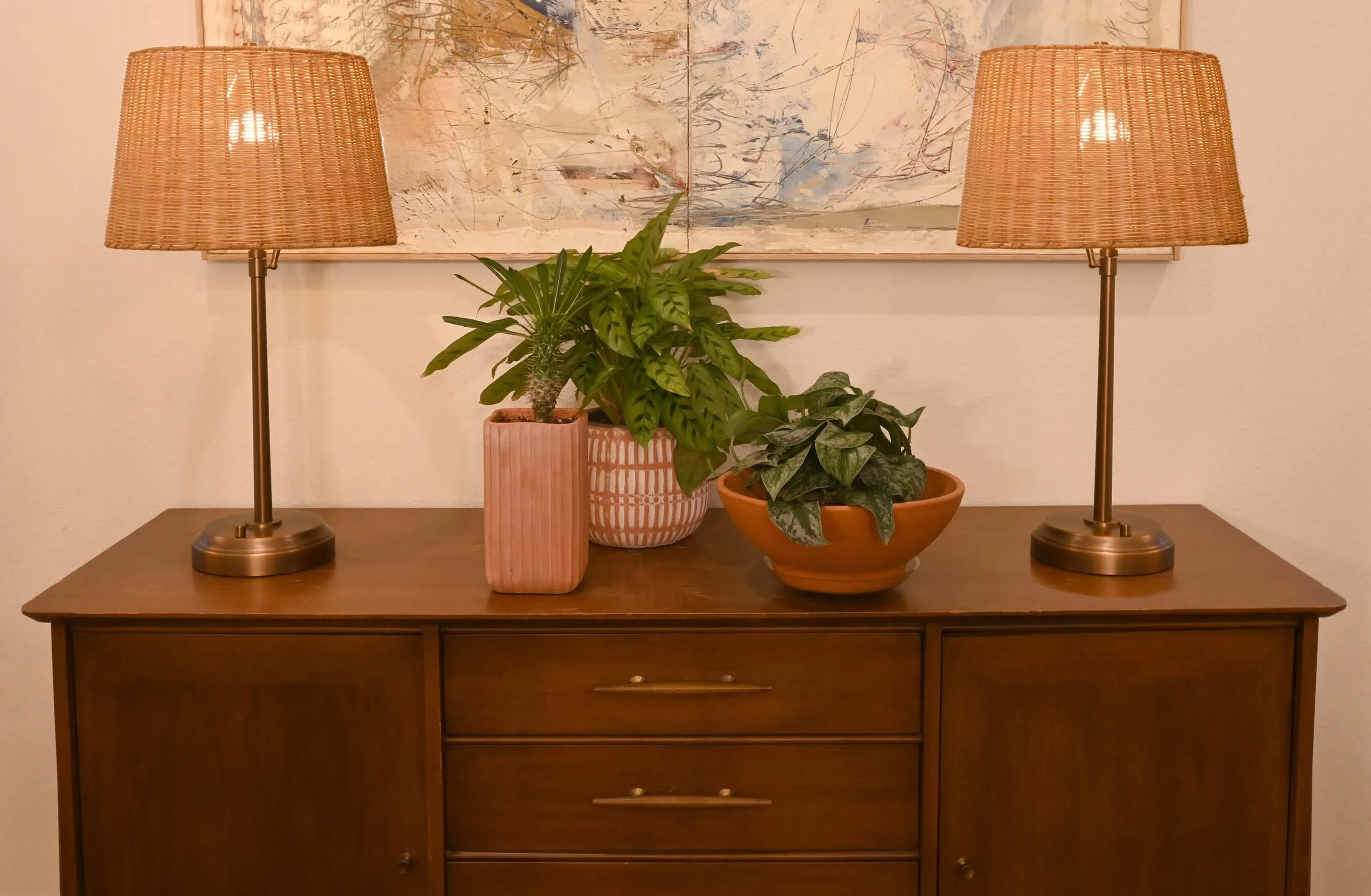 Alexis Cordless Table Lamp - Dark Antique Brass with Rattan Shade