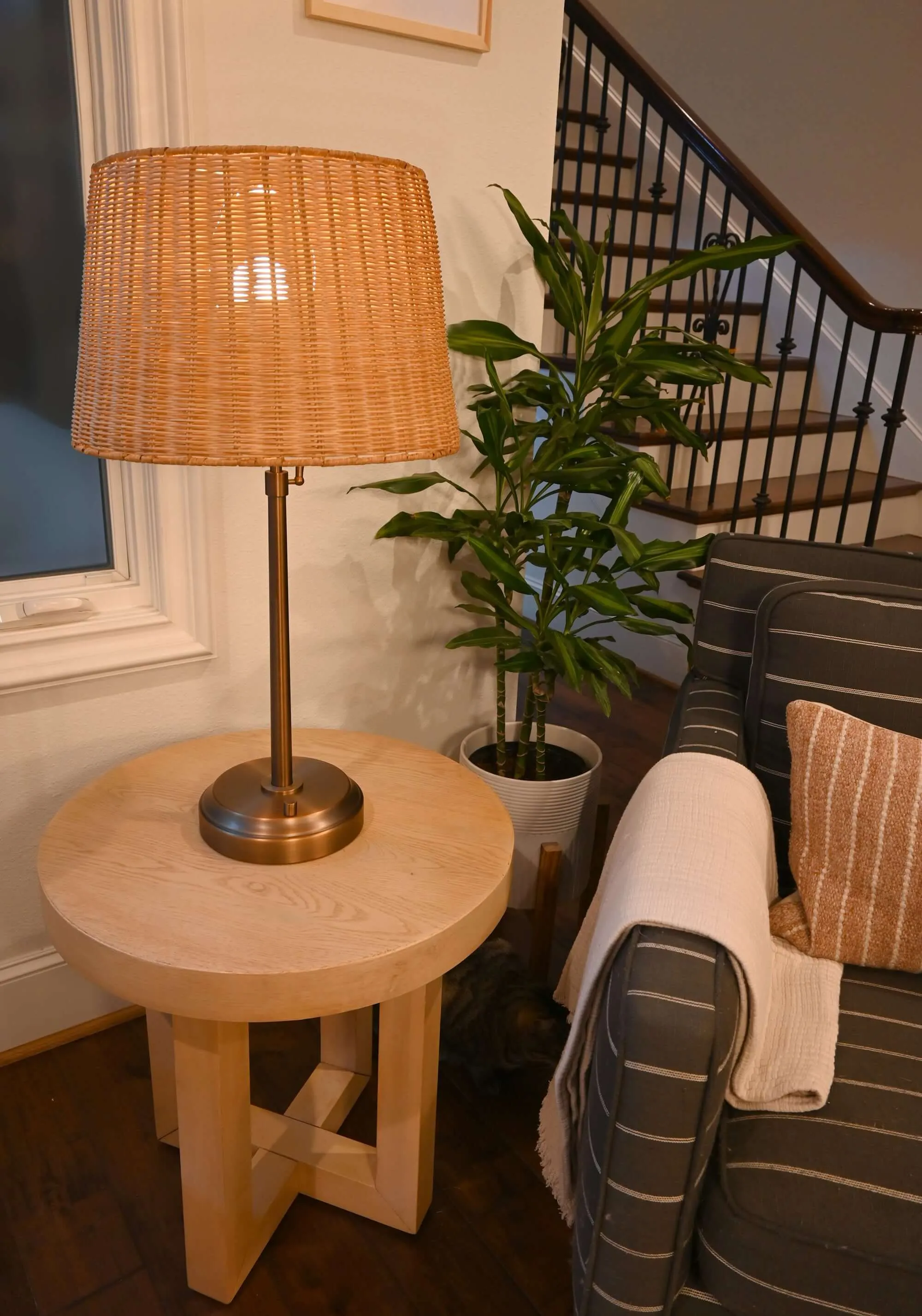 Alexis Cordless Table Lamp - Dark Antique Brass with Rattan Shade