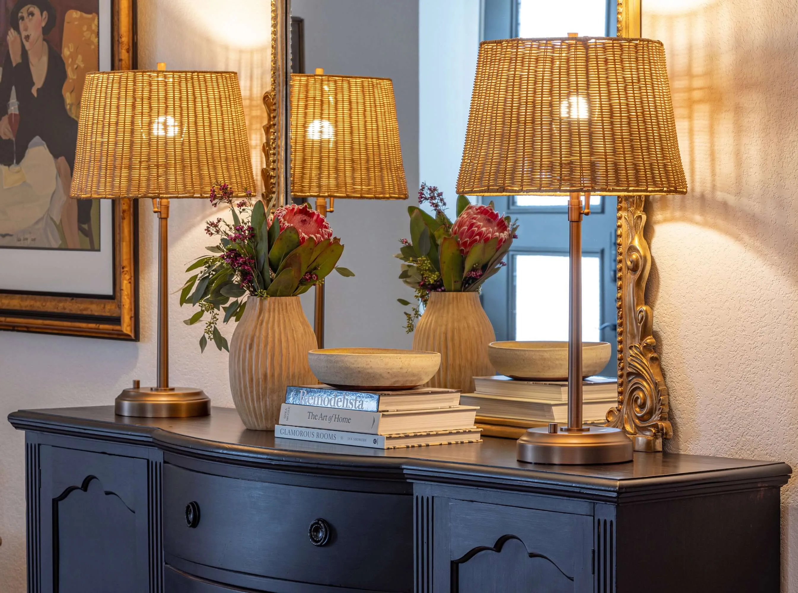 Alexis Cordless Table Lamp - Dark Antique Brass with Rattan Shade