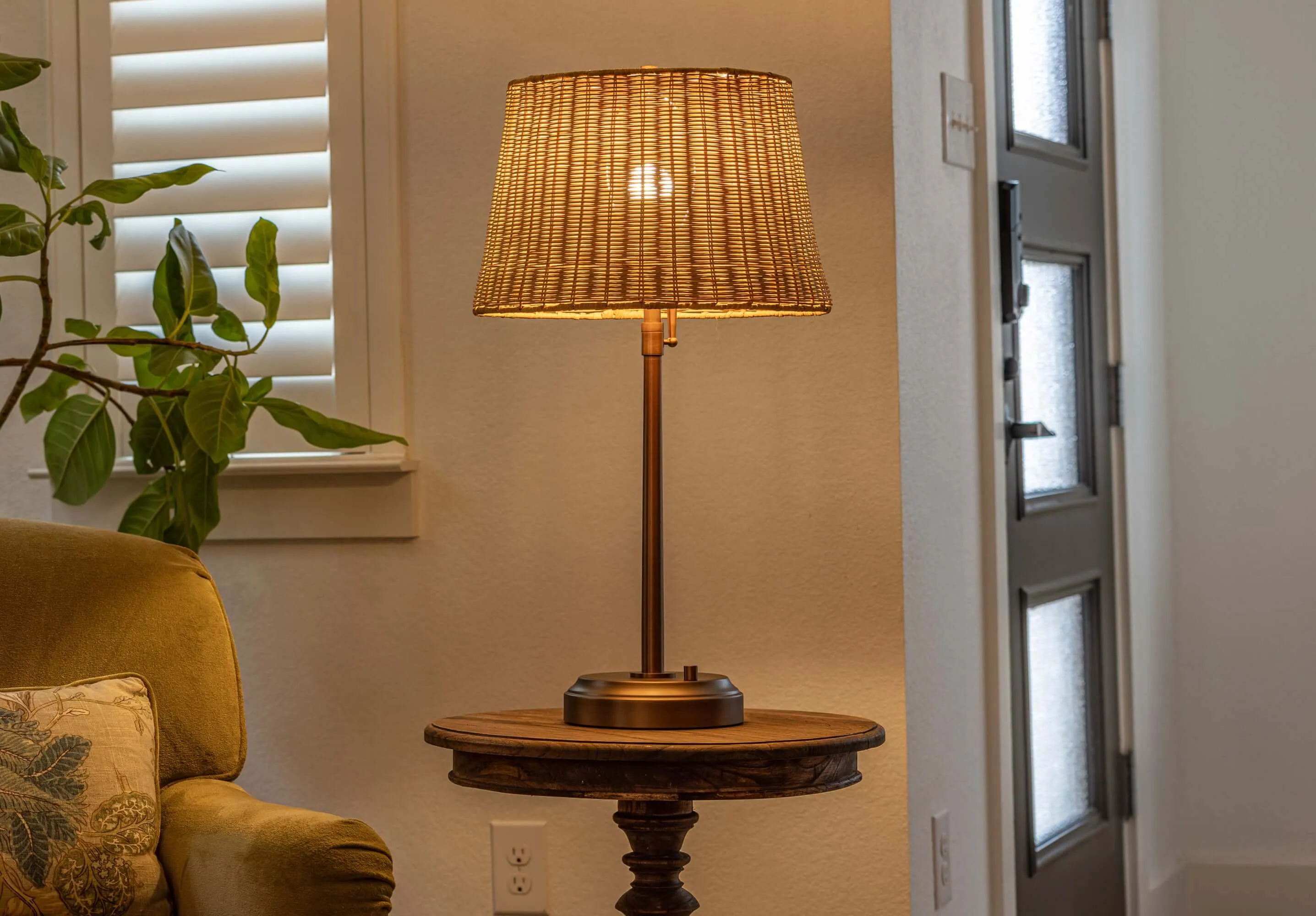 Alexis Cordless Table Lamp - Dark Antique Brass with Rattan Shade