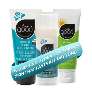 All Good Sport Mineral Sunscreen & Aloe Gel Bundle - UVA/UVB Broad Spectrum, Water Resistant - Includes (1) SPF 50 Butter Stick, (1) SPF 30 Lotion, & (1) Aloe Gel