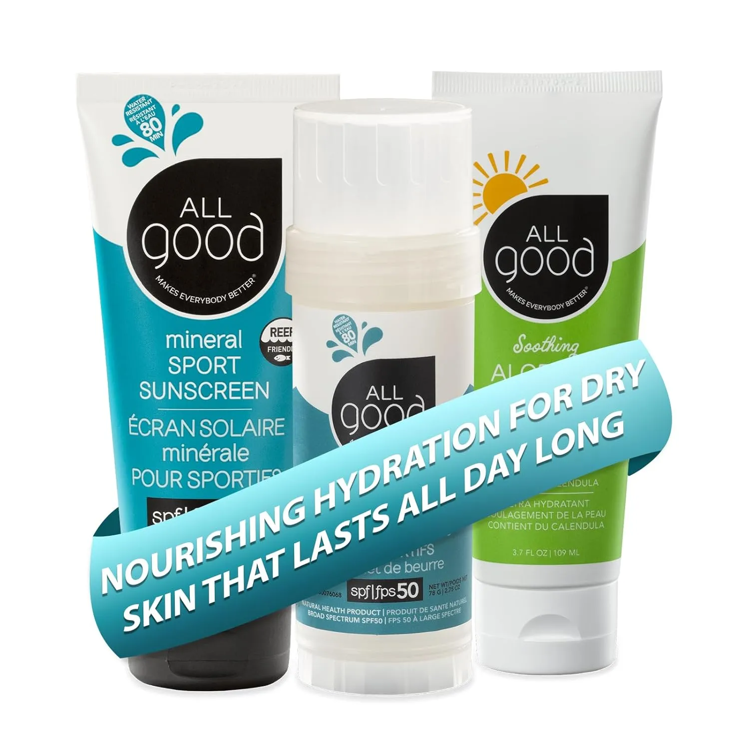 All Good Sport Mineral Sunscreen & Aloe Gel Bundle - UVA/UVB Broad Spectrum, Water Resistant - Includes (1) SPF 50 Butter Stick, (1) SPF 30 Lotion, & (1) Aloe Gel