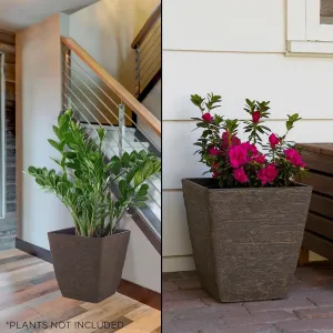 Alpine Corporation Indoor/Outdoor Stone-Look Squared Planter, Medium, Brown (Set of 2)