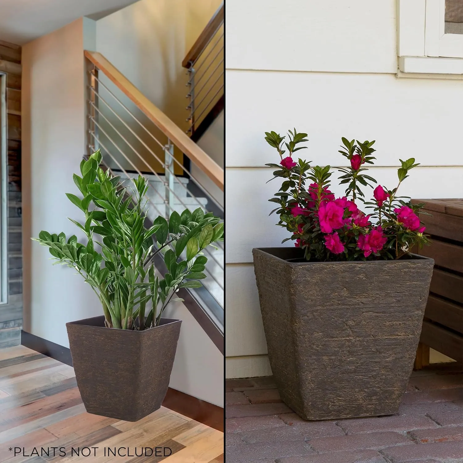 Alpine Corporation Indoor/Outdoor Stone-Look Squared Planter, Medium, Brown (Set of 2)