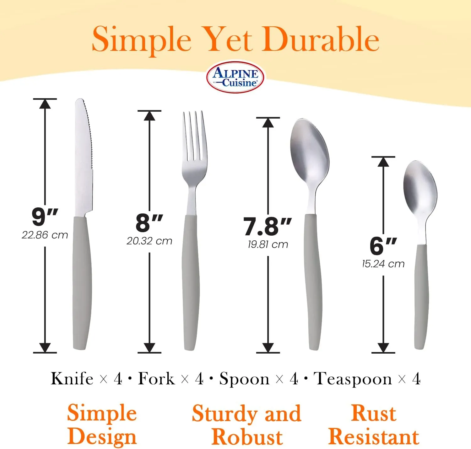 ALPINE CUISINE Flatware Set 16 Piece Service for 4, Stainless Steel Flatware Cutlery Set Includes Dinner Knives/Forks/Spoons - Great for Camping or College Dorms - Dishwasher Safe - Grey