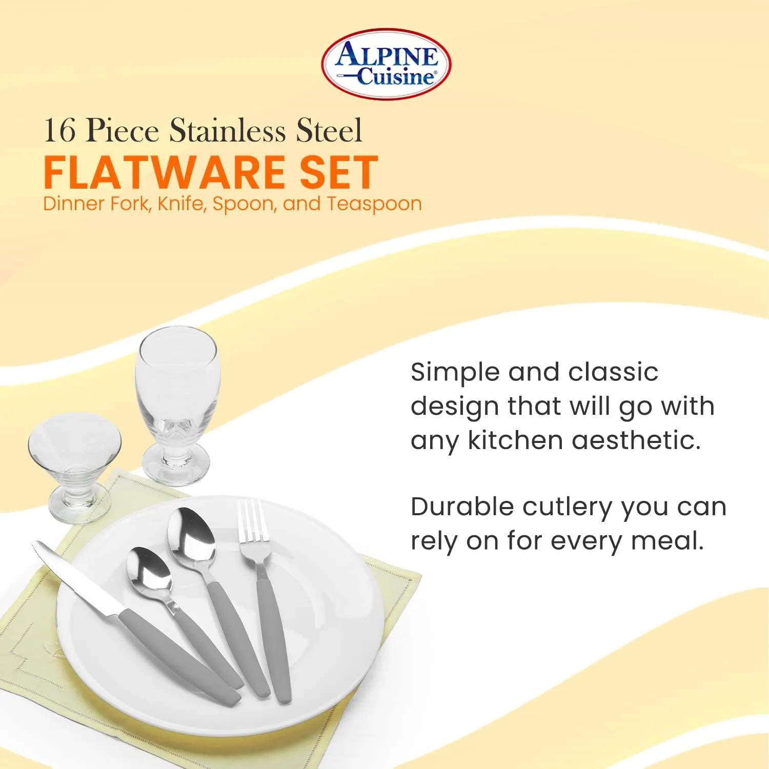 ALPINE CUISINE Flatware Set 16 Piece Service for 4, Stainless Steel Flatware Cutlery Set Includes Dinner Knives/Forks/Spoons - Great for Camping or College Dorms - Dishwasher Safe - Grey