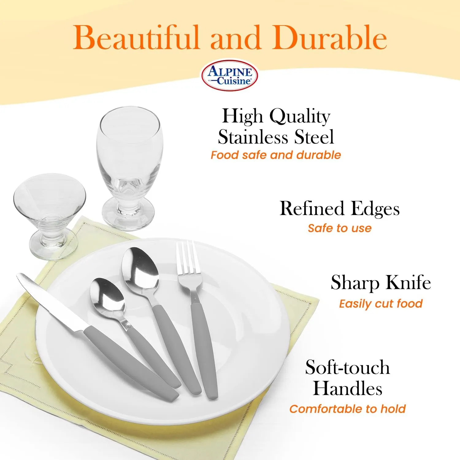 ALPINE CUISINE Flatware Set 16 Piece Service for 4, Stainless Steel Flatware Cutlery Set Includes Dinner Knives/Forks/Spoons - Great for Camping or College Dorms - Dishwasher Safe - Grey