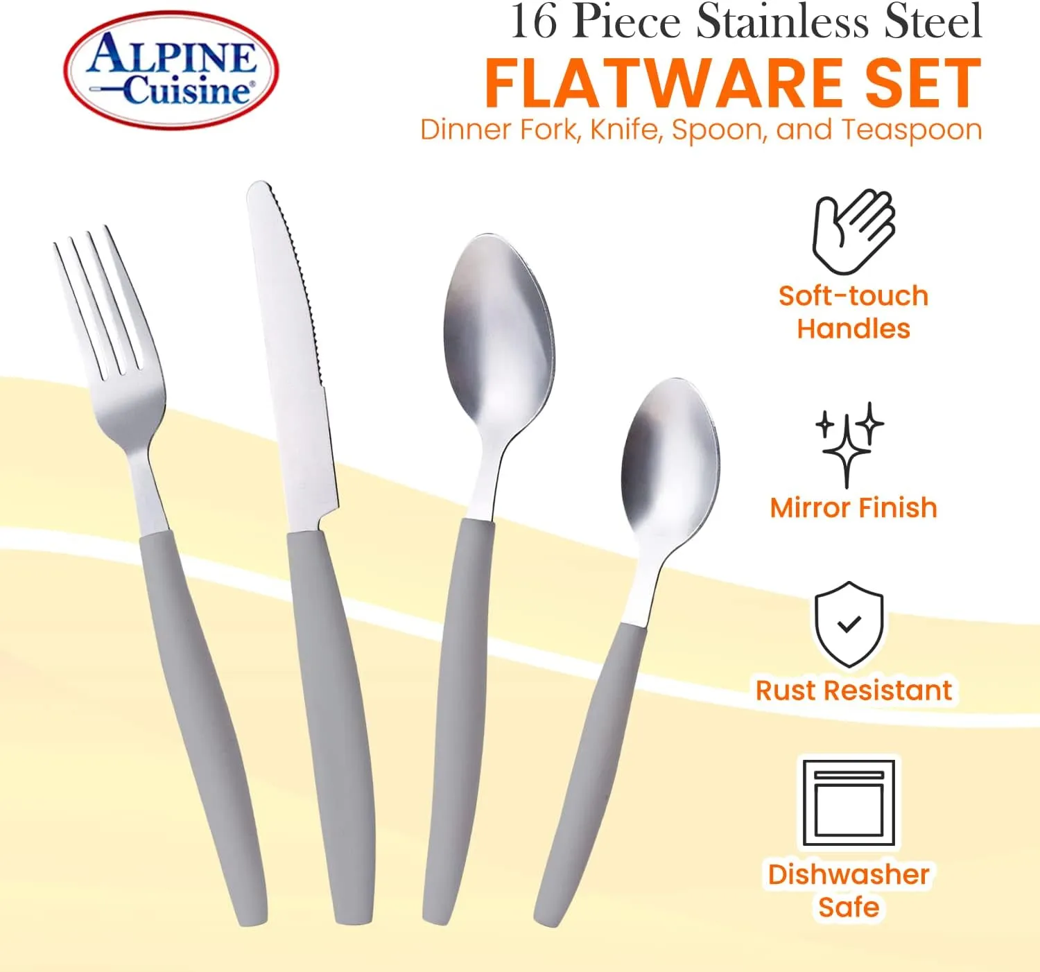 ALPINE CUISINE Flatware Set 16 Piece Service for 4, Stainless Steel Flatware Cutlery Set Includes Dinner Knives/Forks/Spoons - Great for Camping or College Dorms - Dishwasher Safe - Grey