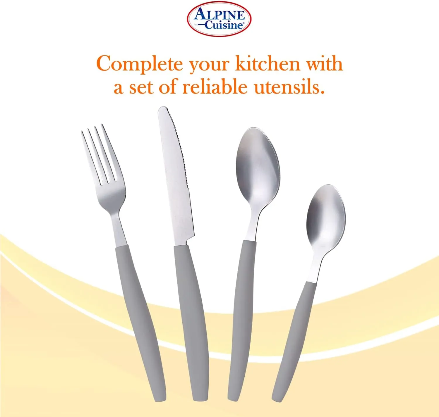 ALPINE CUISINE Flatware Set 16 Piece Service for 4, Stainless Steel Flatware Cutlery Set Includes Dinner Knives/Forks/Spoons - Great for Camping or College Dorms - Dishwasher Safe - Grey