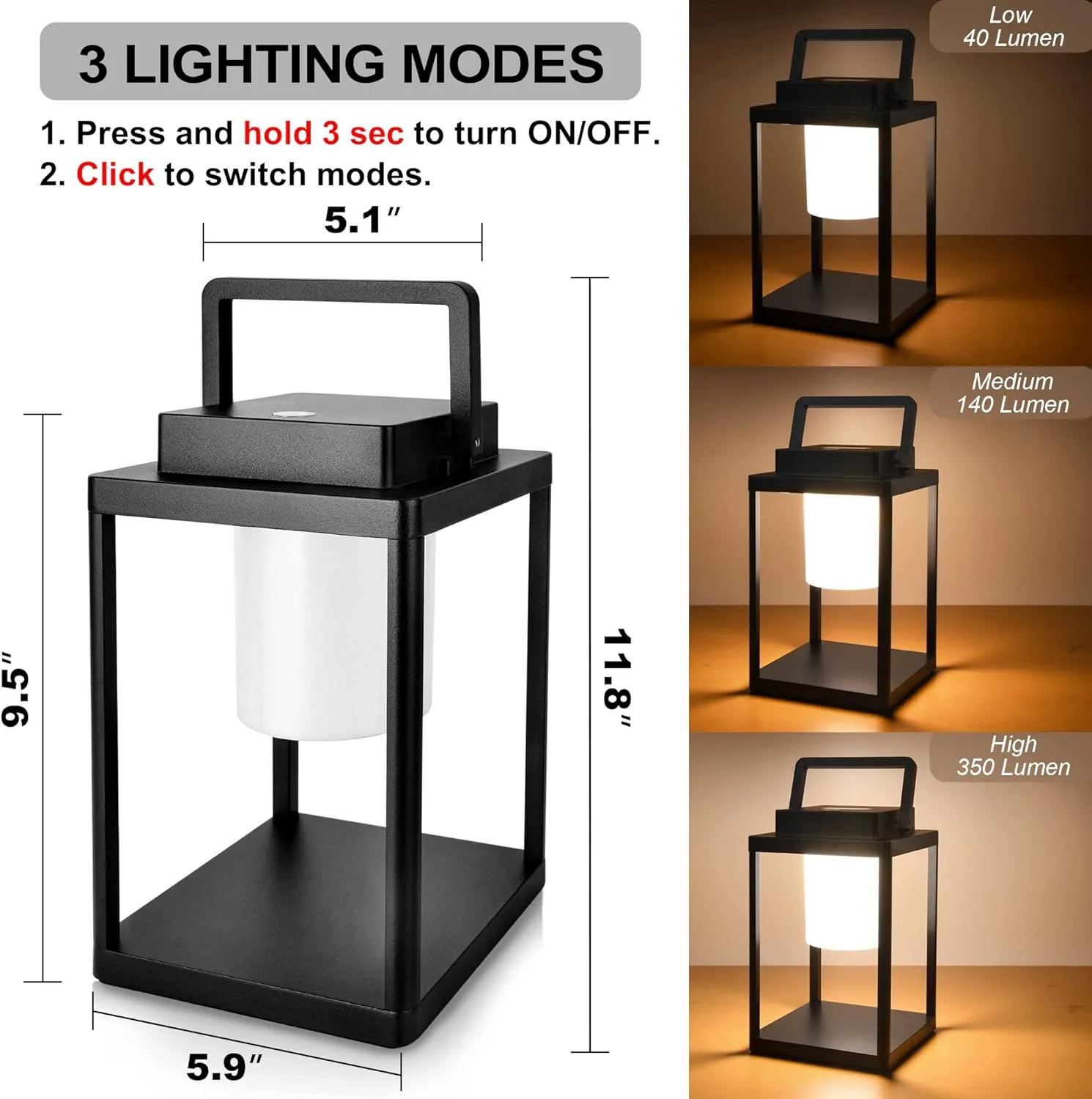 Aluminum Outdoor Table Lamp - Rechargeable 350 Lumen 3 Level Touch Control, IP44 Waterproof Cordless Outdoor Lamps Table Lantern with USB Port for Patio(3000K Warm White)