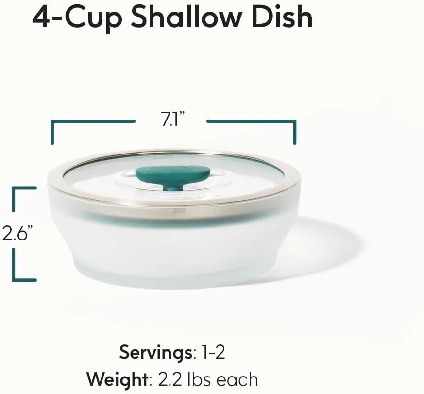 Anyday Cookware Plastic-Free Microwave Dish, 2-Piece Medium Shallow Glass Storage Container with Lid for Steaming, Roasting, Serving & Storing Food, 7.1” x 2.6”, Kale