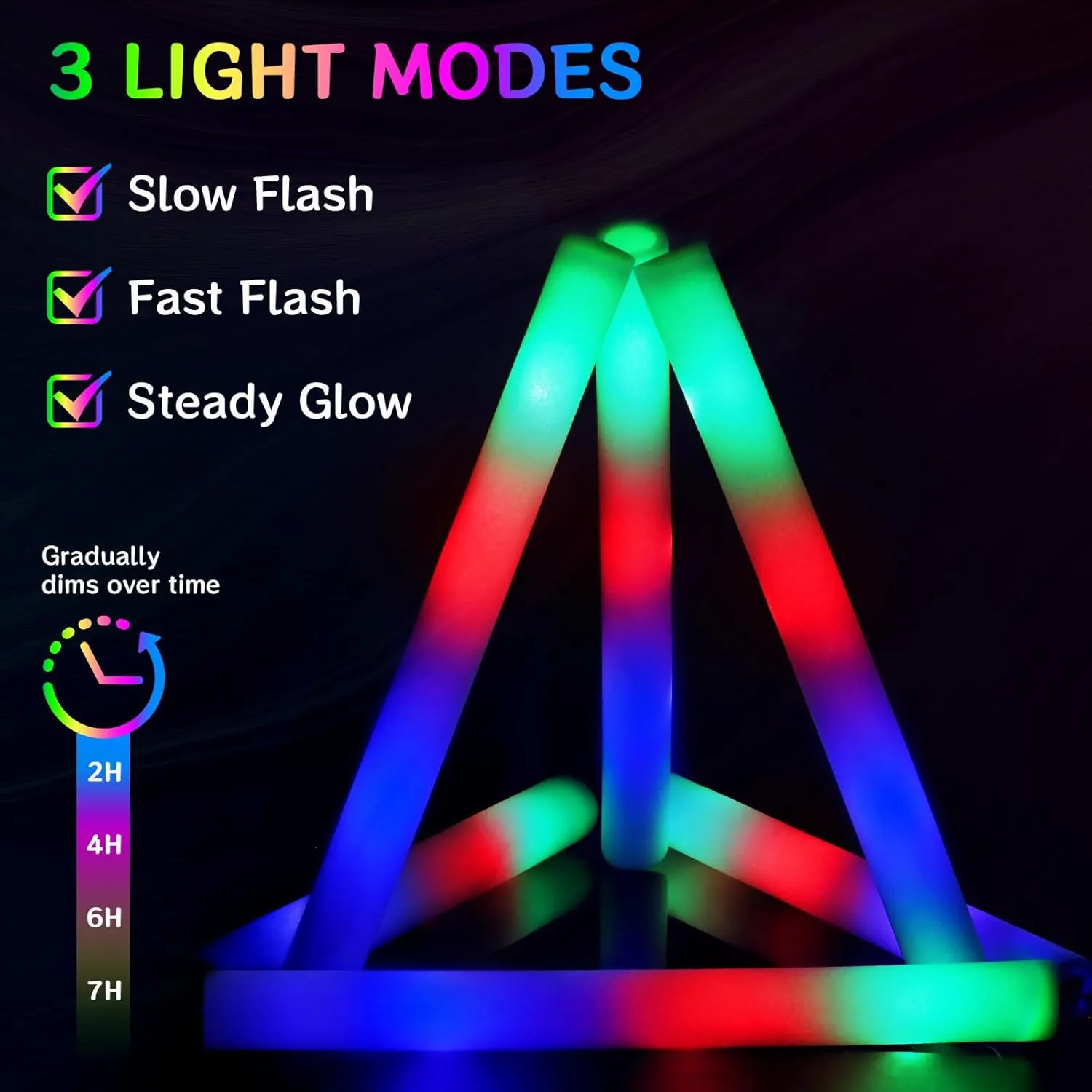 AOWDIAO 24 Pack Foam LED Glow Sticks – 16-Inch & 3 Lighting Modes – Light Up Neon Glow Wands Party Supplies for Weddings, Concerts, Festivals, Birthdays, Camping