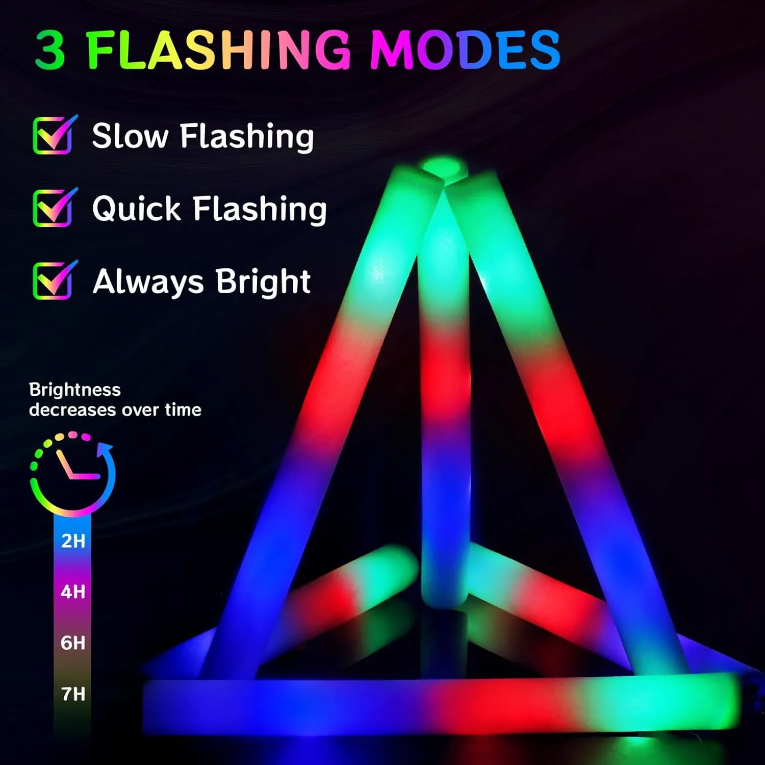 AOWDIAO 48 Pack Foam LED Glow Sticks – 16-Inch & 3 Lighting Modes – Light Up Neon Glow Wands Party Supplies for Weddings, Concerts, Festivals, Birthdays, Camping