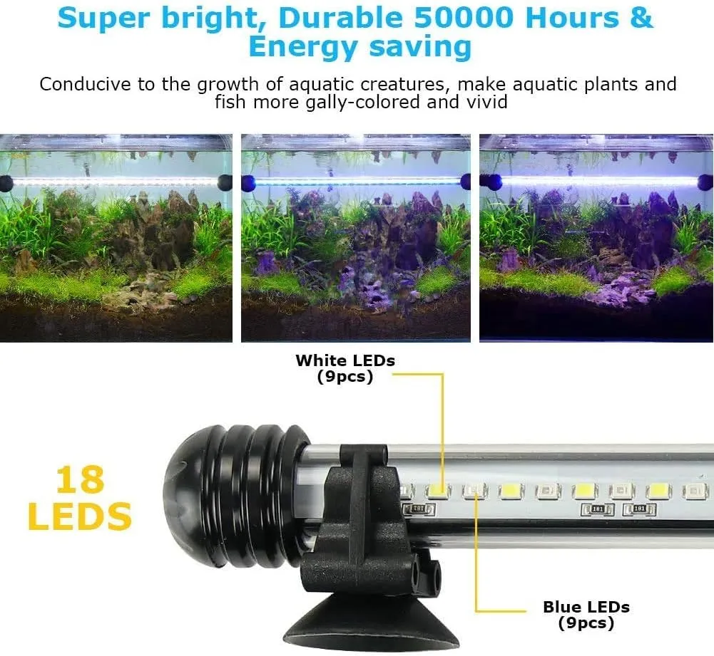 Aquarium Light for Fish Tank,Auto on/Off Submersible White and Blue Aquarium Plant Light with Timer and dimming Function (16 inch （Timer & Dimming Function)