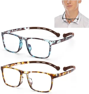 AQWANO 2 Pack Reading Glasses for Women Men Neck Hanging Blue Light Block Durable Flexible TR90 Ultra-light Readers Anti Glare, 1.75