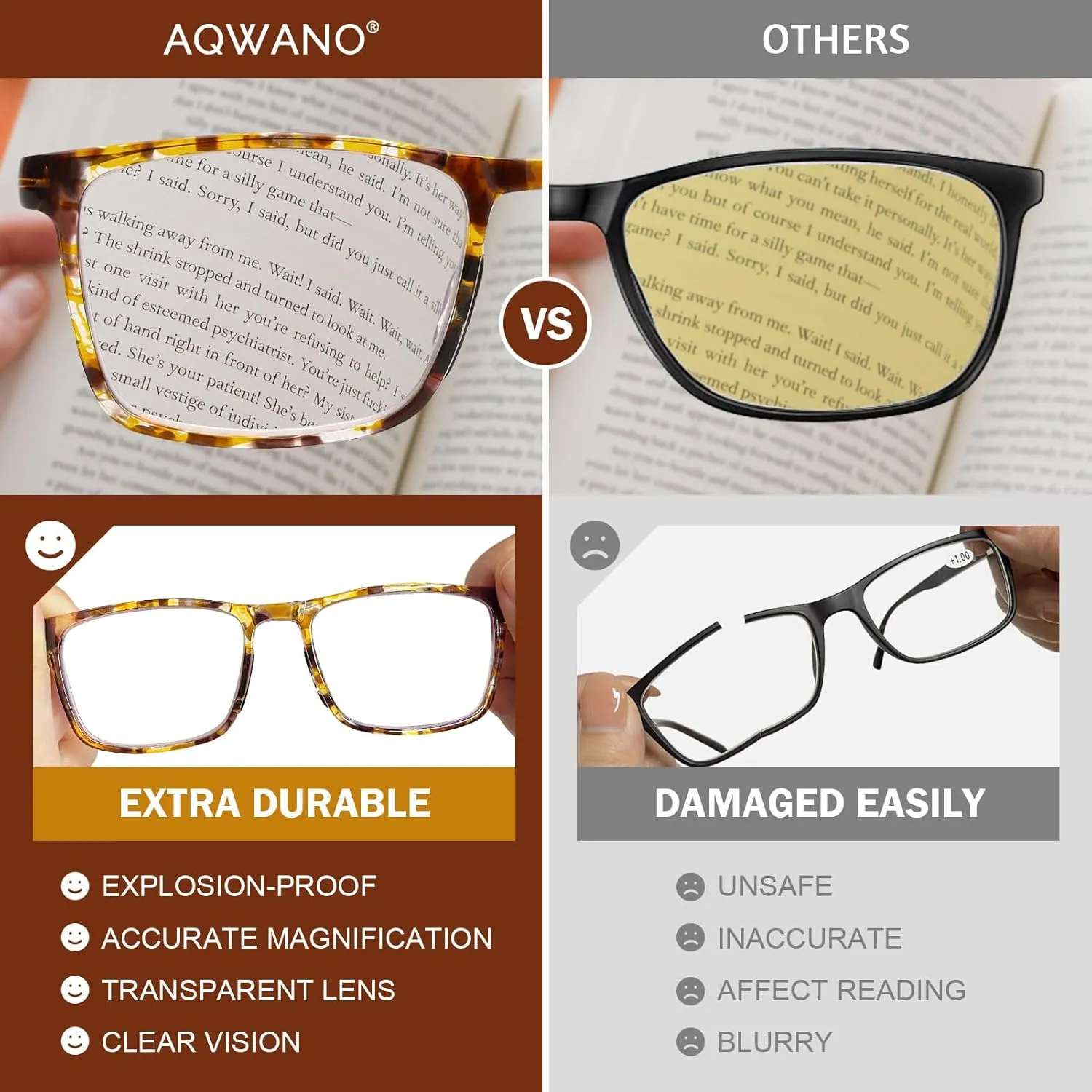 AQWANO 2 Pack Reading Glasses for Women Men Neck Hanging Blue Light Block Durable Flexible TR90 Ultra-light Readers Anti Glare, 1.75