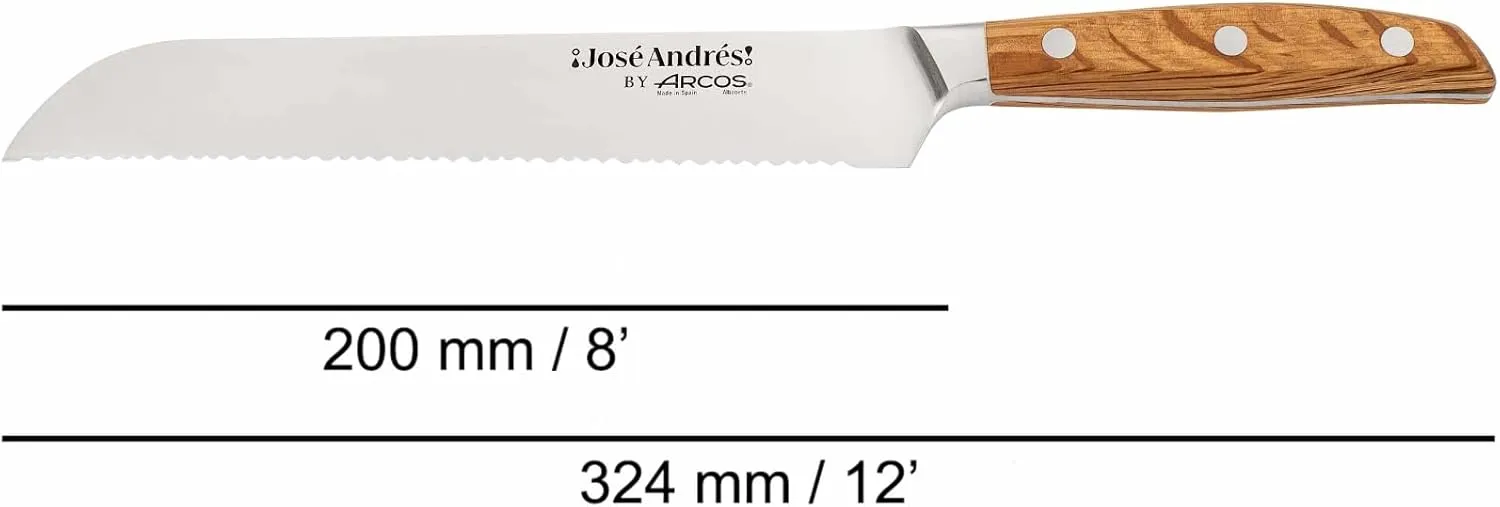 Arcos Jose Andres Bread Knife | 8-Inch Forged Knife for Artisan Breads & Bakery Goods | NITRUM Stainless Steel Blade with Silk Edge | Ergonomic Light Brown Holm Oak Handle