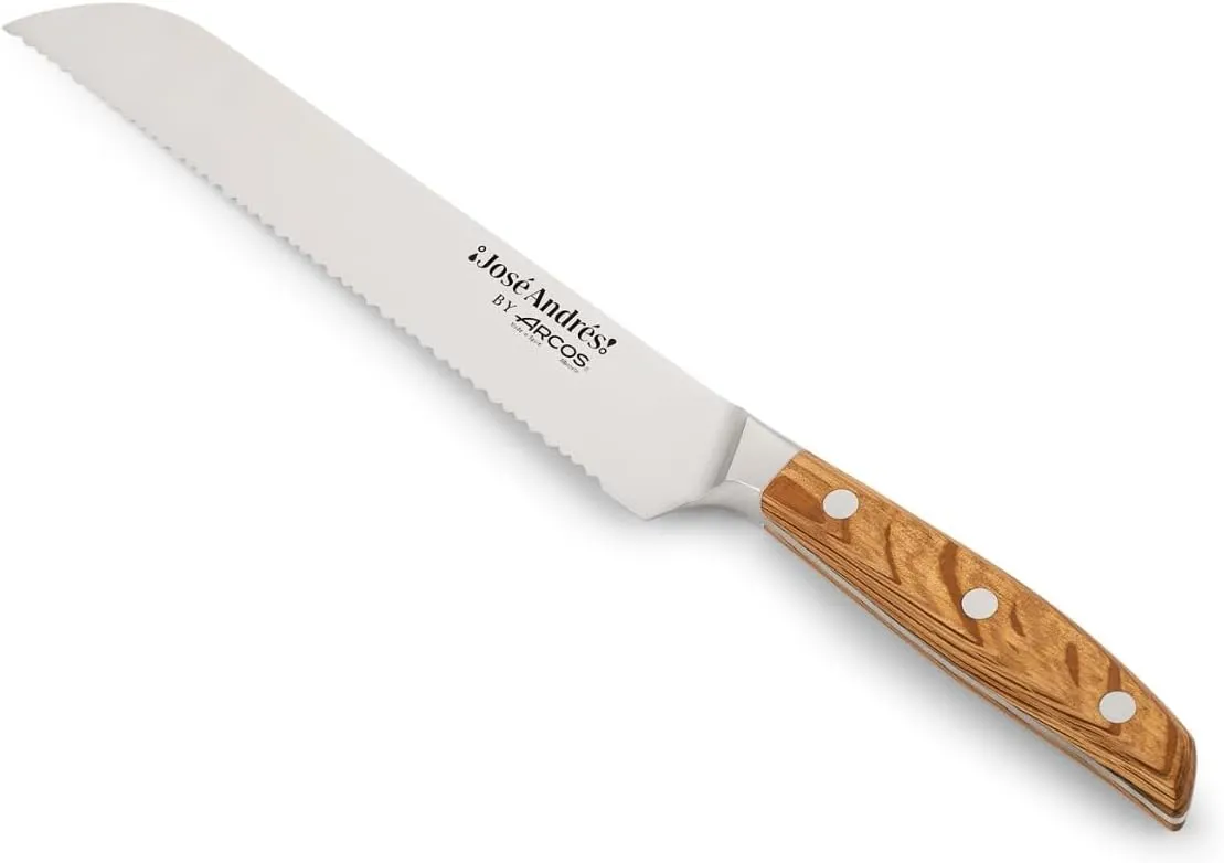 Arcos Jose Andres Bread Knife | 8-Inch Forged Knife for Artisan Breads & Bakery Goods | NITRUM Stainless Steel Blade with Silk Edge | Ergonomic Light Brown Holm Oak Handle