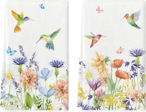 Artoid Mode Anemone Flower Hummingbird Kitchen Towels Dish Towels, 18x26 Inch Seasonal Spring Summer Wild Floral Holiday Decoration Hand Towels Set of 2