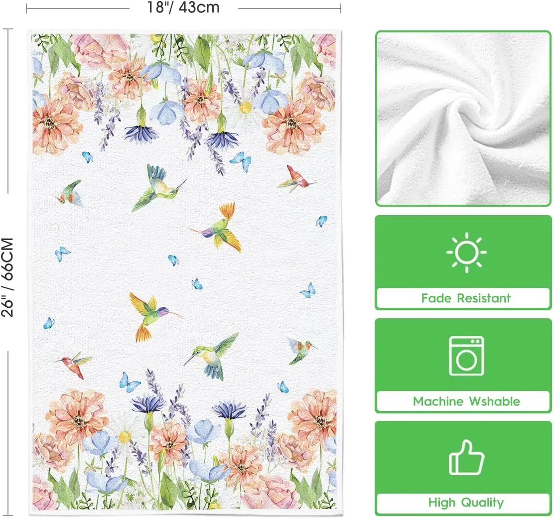 Artoid Mode Anemone Flower Hummingbird Kitchen Towels Dish Towels, 18x26 Inch Seasonal Spring Summer Wild Floral Holiday Decoration Hand Towels Set of 2