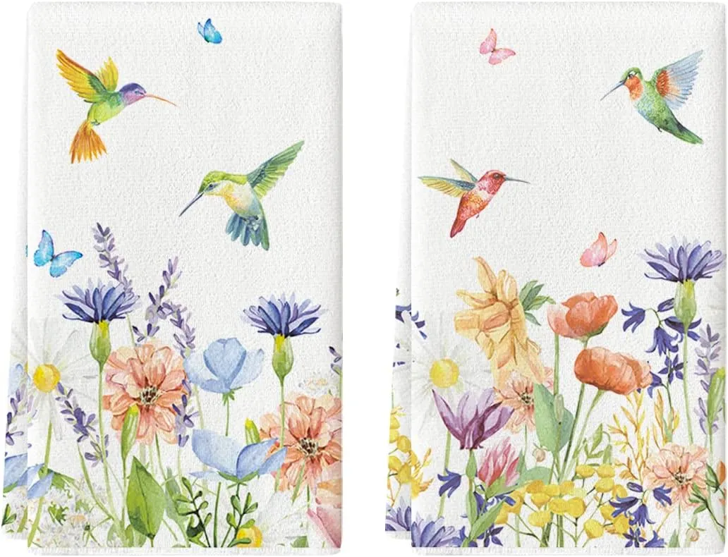 Artoid Mode Anemone Flower Hummingbird Kitchen Towels Dish Towels, 18x26 Inch Seasonal Spring Summer Wild Floral Holiday Decoration Hand Towels Set of 2