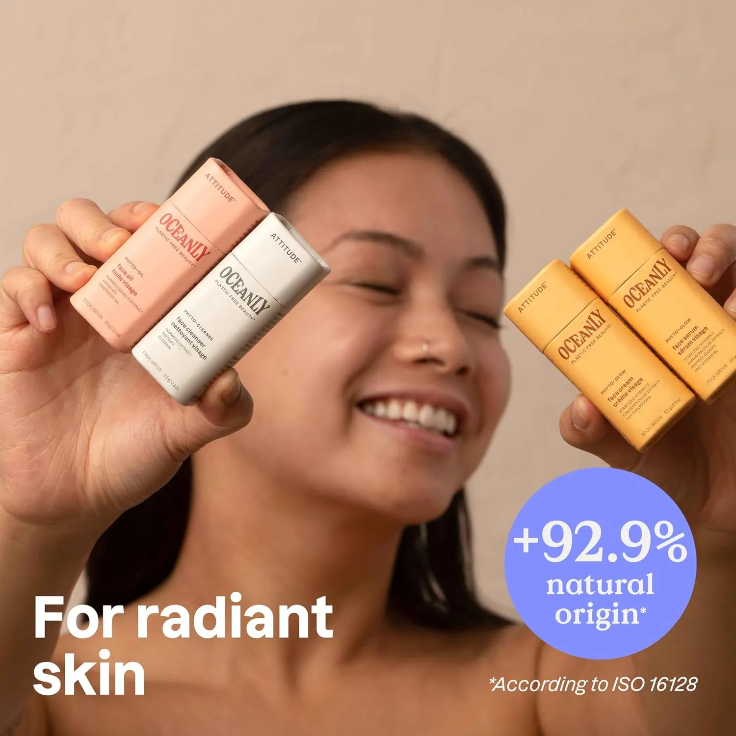 ATTITUDE Oceanly Radiant Skin Daily Facial Care Routine Box Set, EWG Verified, Plastic-free, Plant and Mineral-Based Ingredients, Vegan and Cruelty-free, PHYTO GLOW, Set of 4 Travel Size Bars