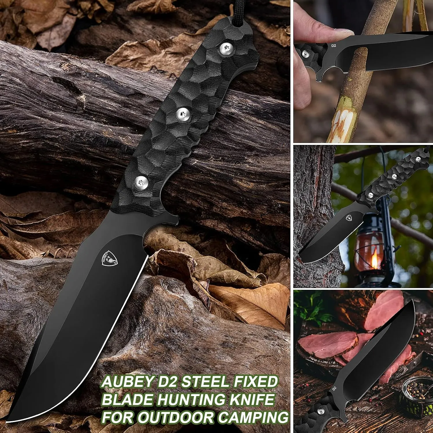 AUBEY Outdoor Survival Knife with Fixed 10.6" D2 Black Titanium Coated Blade, G10 Handle & Full Tang - Includes Kydex Sheath for Hunting & Camping
