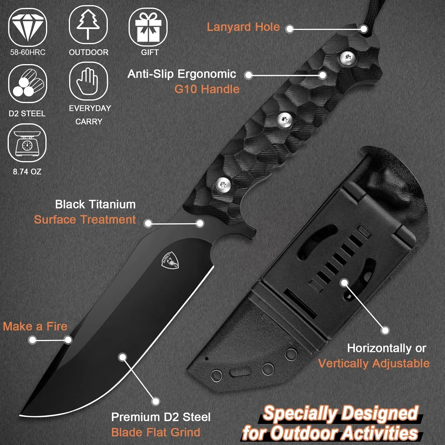 AUBEY Outdoor Survival Knife with Fixed 10.6" D2 Black Titanium Coated Blade, G10 Handle & Full Tang - Includes Kydex Sheath for Hunting & Camping
