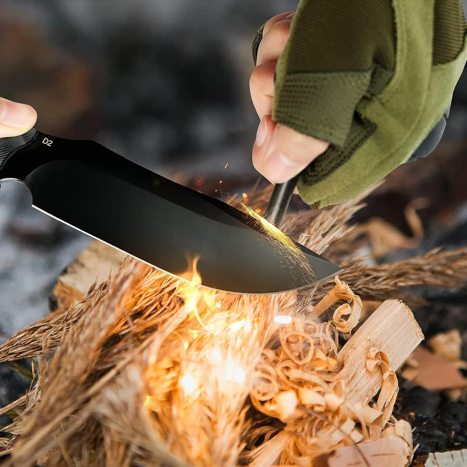 AUBEY Outdoor Survival Knife with Fixed 10.6" D2 Black Titanium Coated Blade, G10 Handle & Full Tang - Includes Kydex Sheath for Hunting & Camping