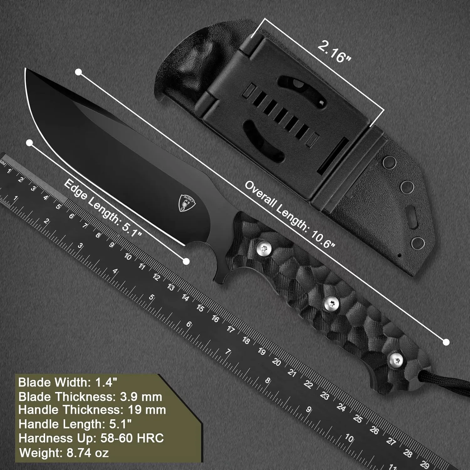 AUBEY Outdoor Survival Knife with Fixed 10.6" D2 Black Titanium Coated Blade, G10 Handle & Full Tang - Includes Kydex Sheath for Hunting & Camping