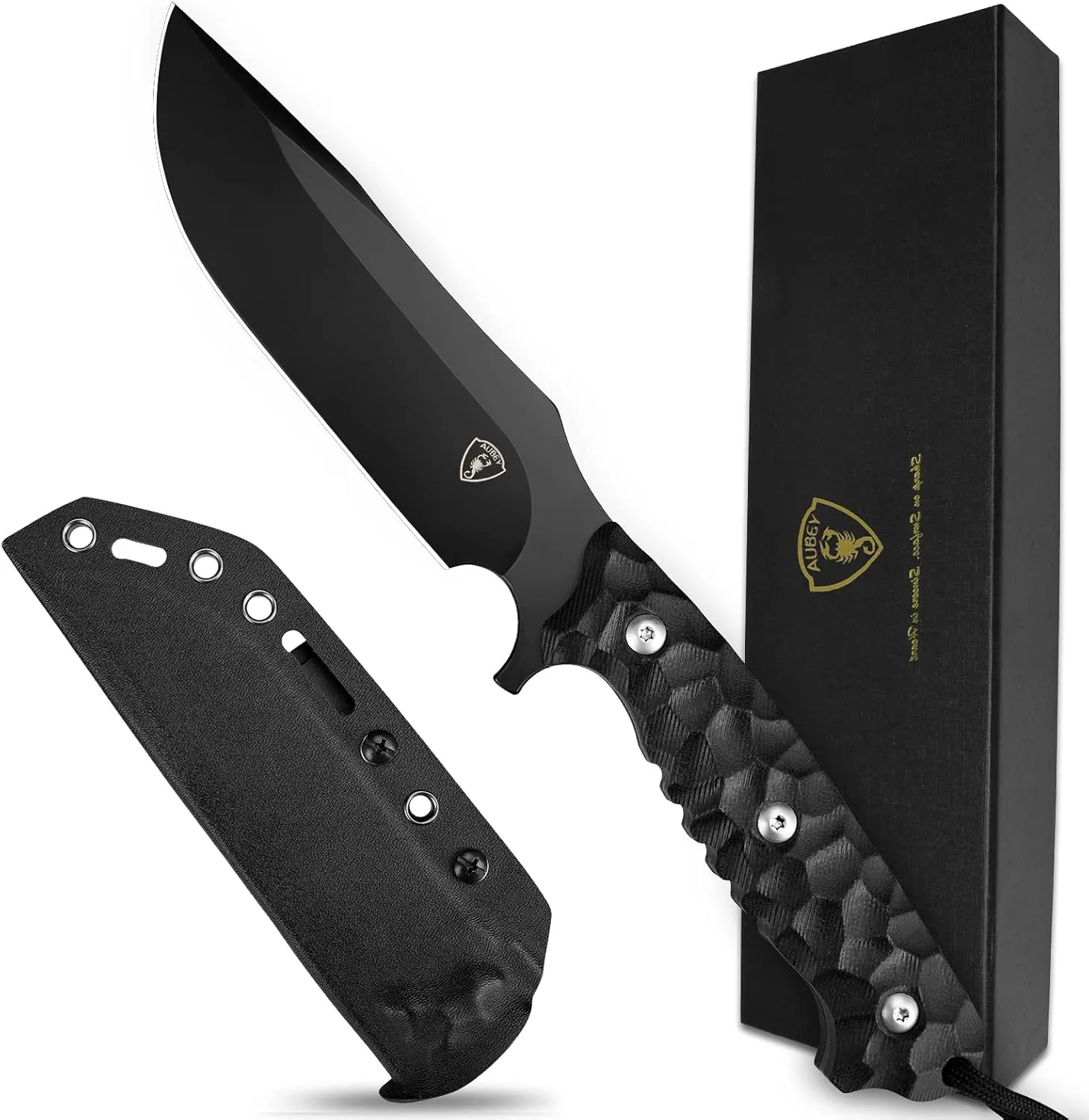 AUBEY Outdoor Survival Knife with Fixed 10.6" D2 Black Titanium Coated Blade, G10 Handle & Full Tang - Includes Kydex Sheath for Hunting & Camping